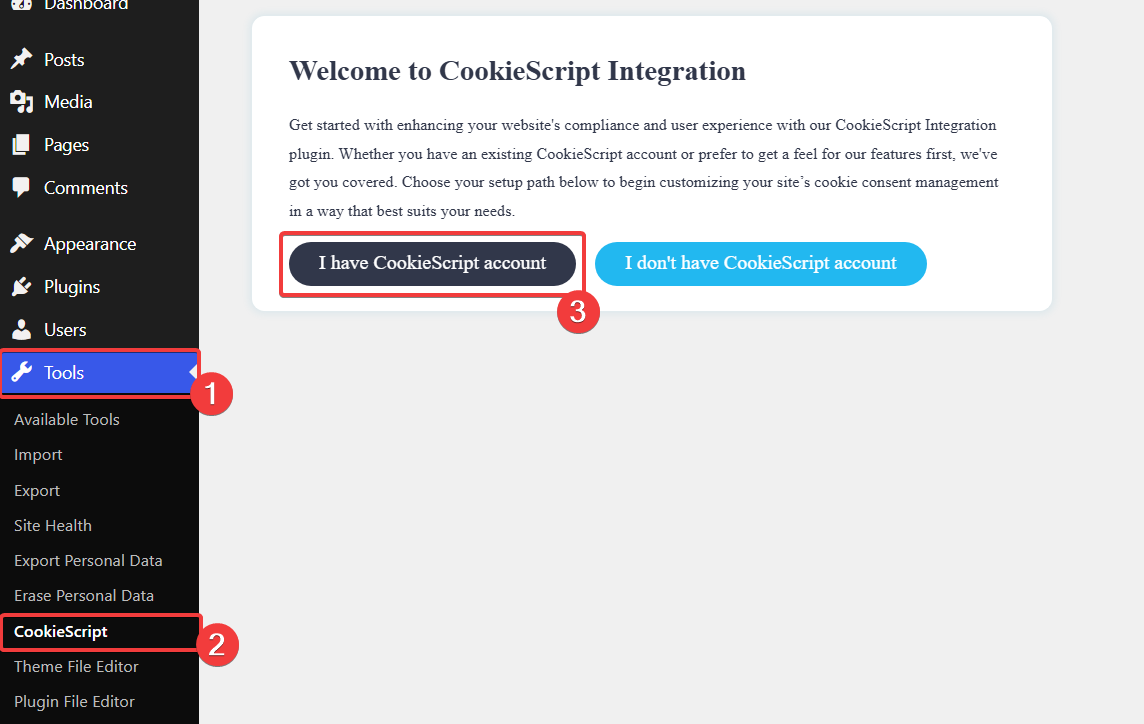 CookieScript WordPress integration asking whether the user has an account