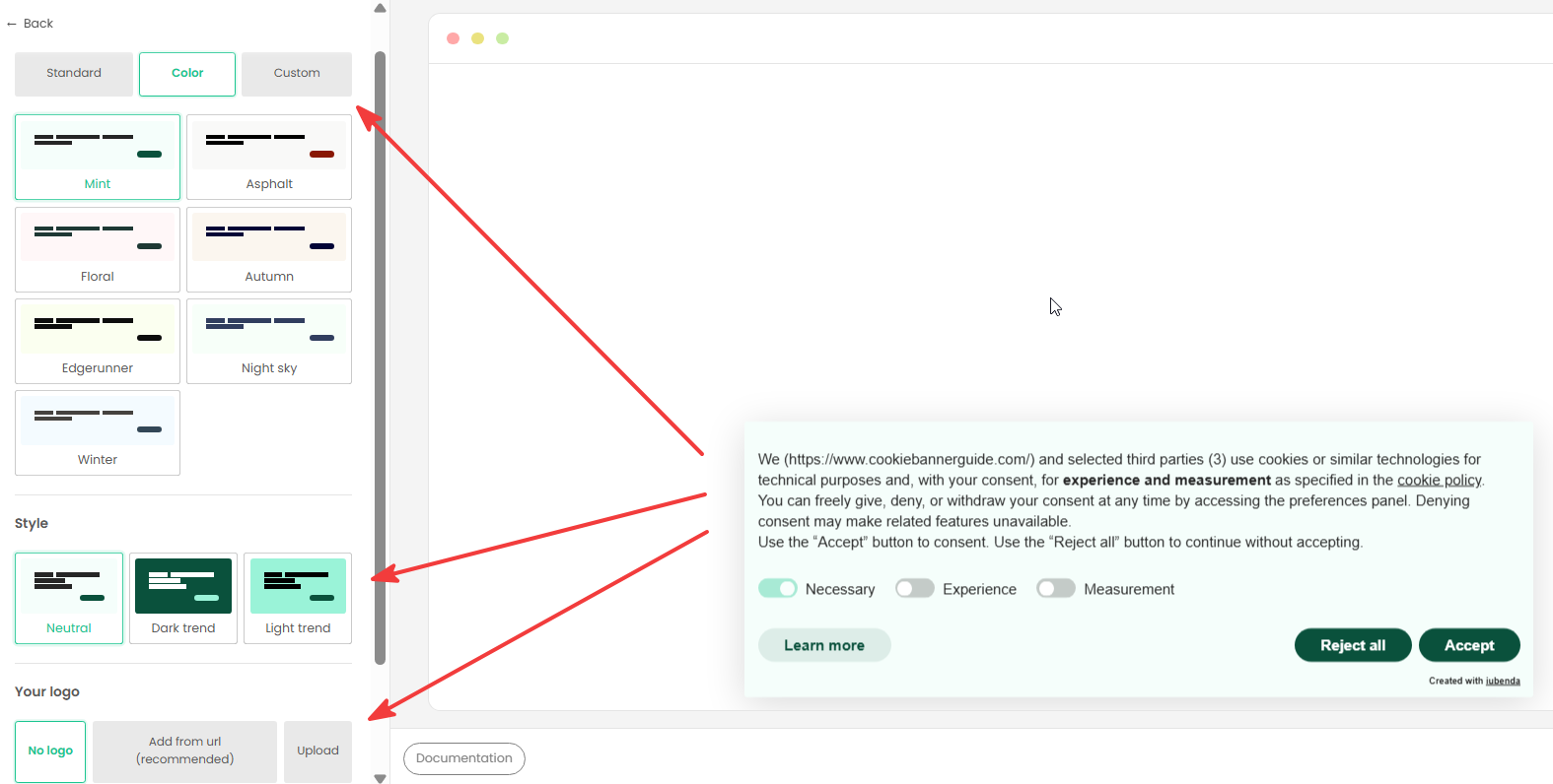 iubenda theme settings with Mint color theme and Neutral style selected