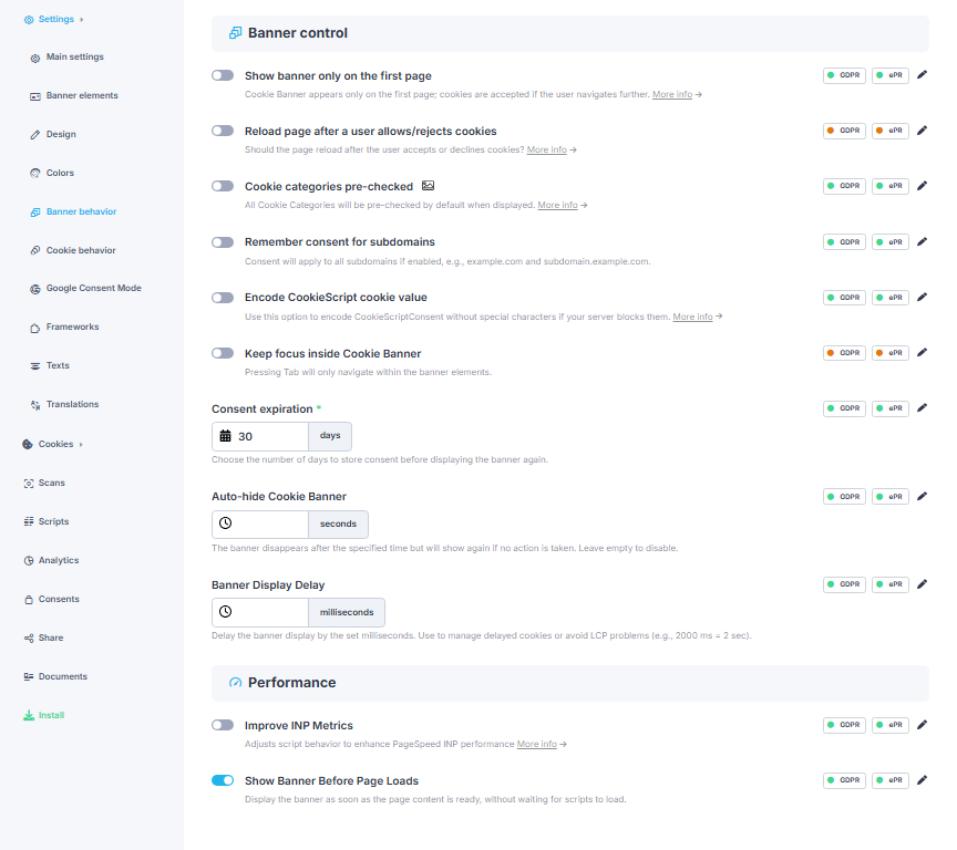 CookieScript banner behavior and consent expiration settings