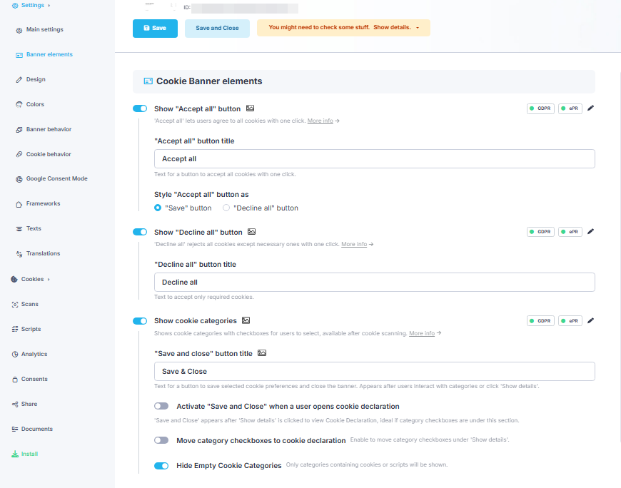 CookieScript settings for Accept All, Decline All and cookie category controls