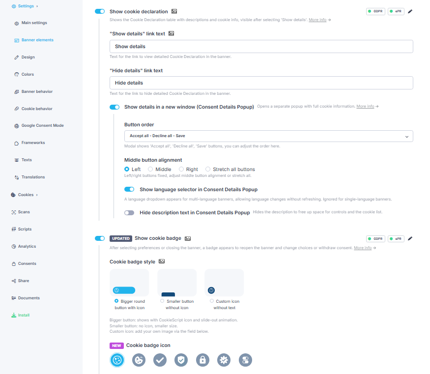 CookieScript Consent Details Popup and cookie badge settings