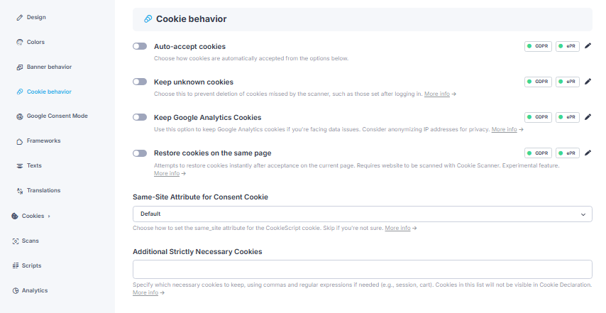 CookieScript cookie behavior settings with automatic acceptance disabled