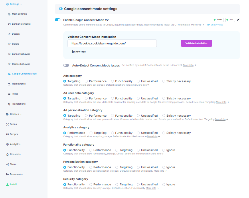 CookieScript Google Consent Mode V2 settings and category mappings