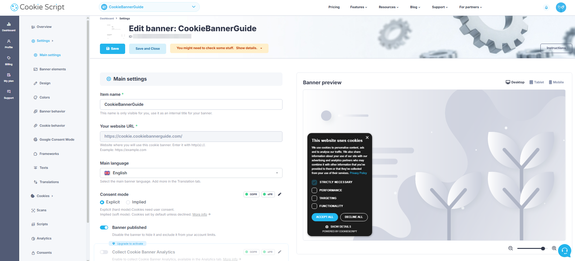 CookieScript main settings with Explicit consent mode and GDPR selected