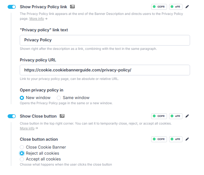 CookieScript Privacy Policy link and Reject All close button action