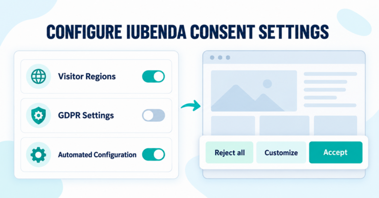 Illustration of iubenda consent settings for visitor regions and GDPR banner options on WordPress