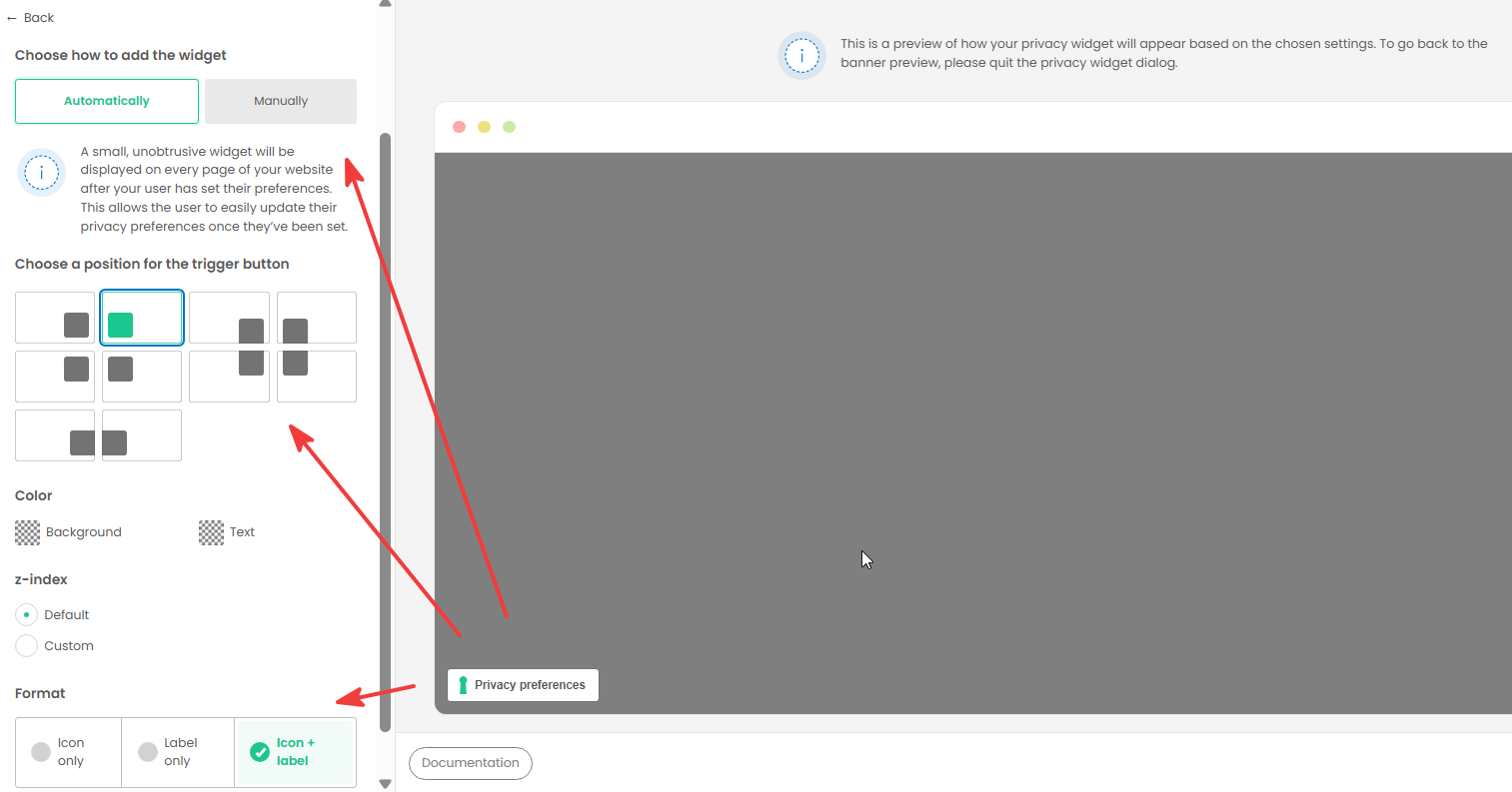 iubenda privacy widget settings showing automatic placement and Icon plus label format