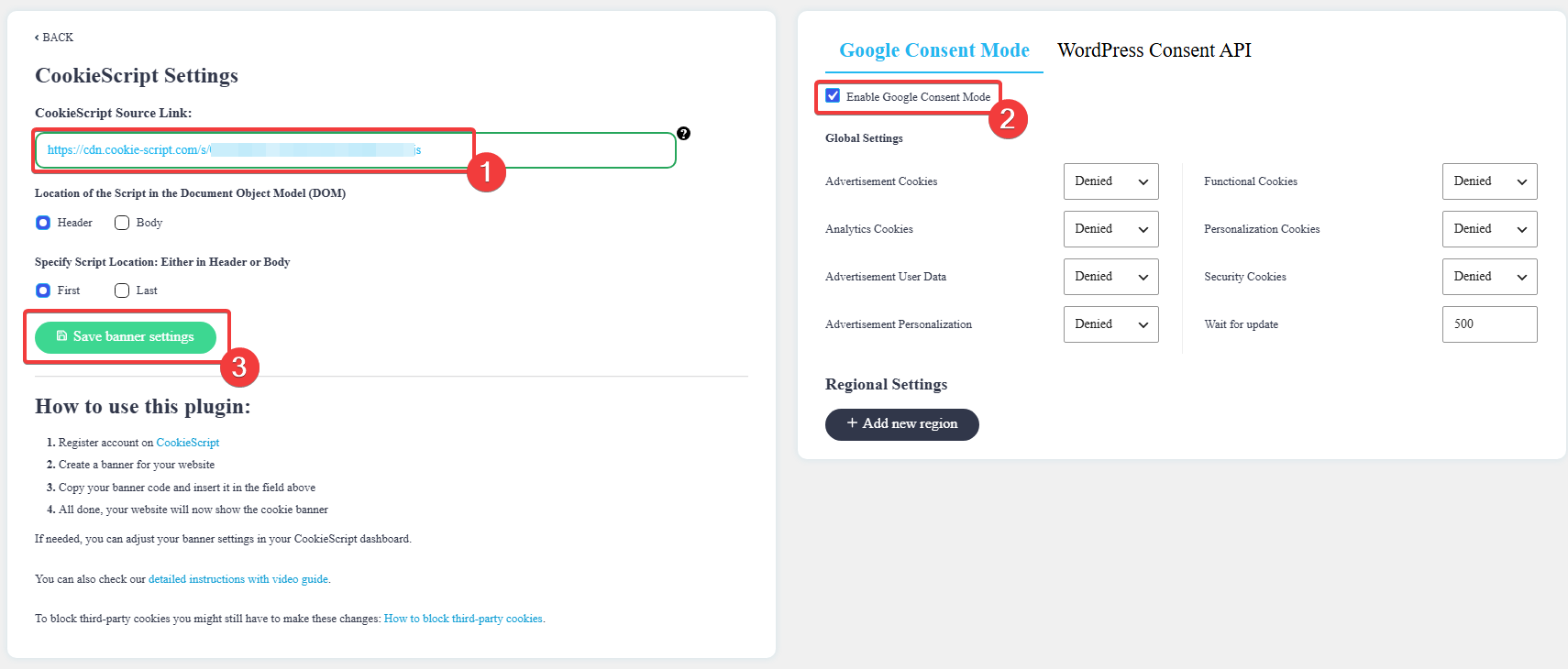 CookieScript WordPress settings with Source Link and Google Consent Mode enabled