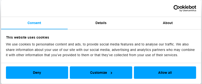 Cookiebot consent banner with accept, reject and preference controls