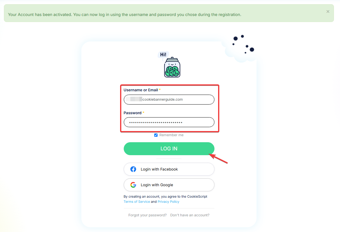 CookieScript login form after email confirmation