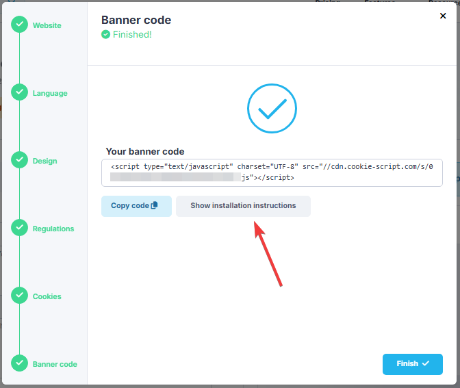 CookieScript setup completed with the generated banner code