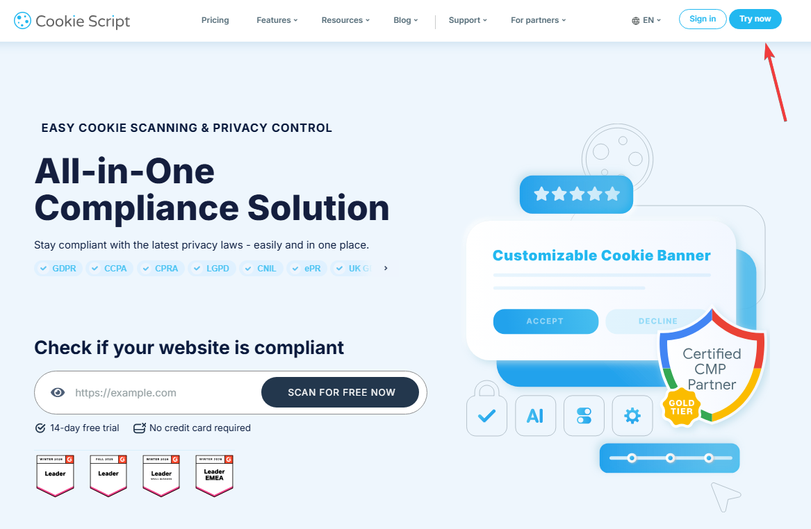 CookieScript homepage with the Try now button highlighted