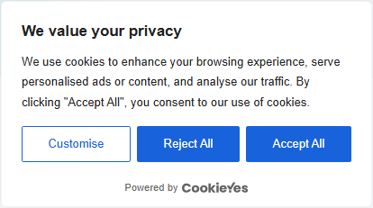 CookieYes consent banner with Customize, Reject All and Accept All buttons