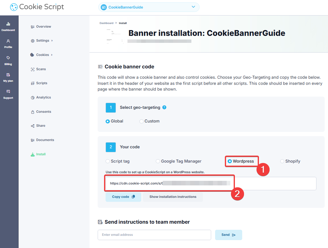 CookieScript installation page with WordPress and the Source Link highlighted