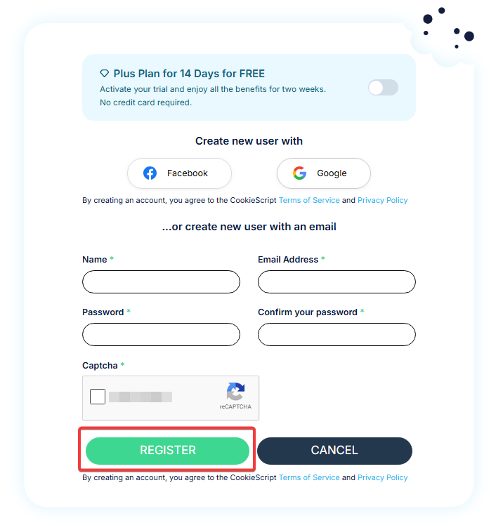CookieScript account registration form with the Register button highlighted