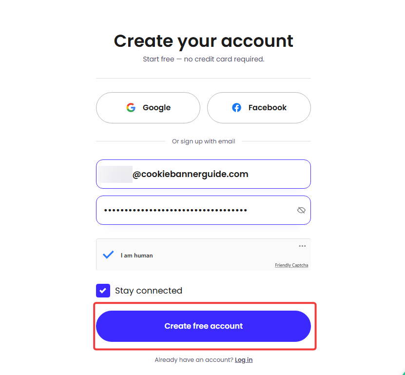 iubenda registration form with the Create free account button highlighted