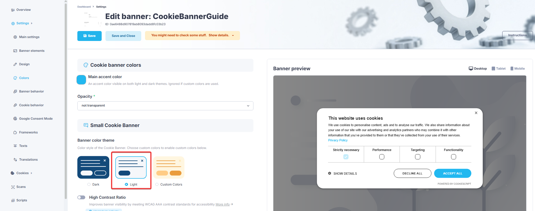 CookieScript banner color settings with the Light theme selected