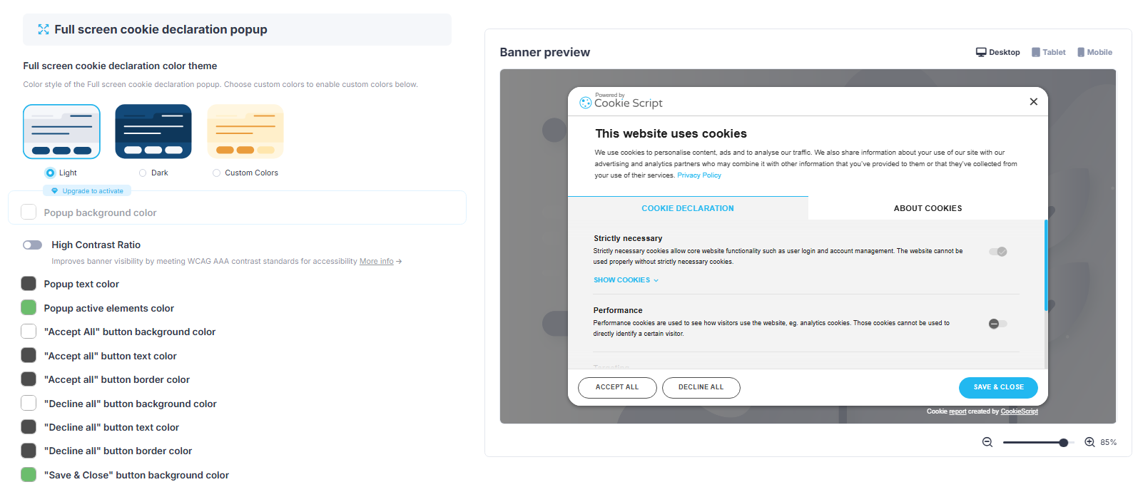 CookieScript Consent Details Popup color settings