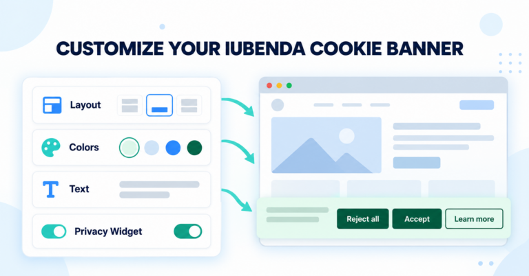 Illustration of iubenda cookie banner layout, color, text and privacy widget settings