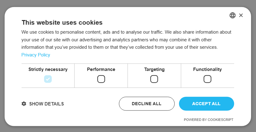 Customized CookieScript cookie banner displayed on a WordPress website