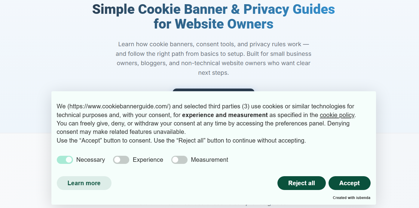 Customized iubenda cookie banner displayed on a live WordPress website