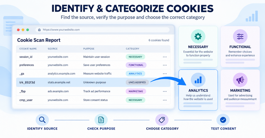 How to identify and categorize cookies found on a website