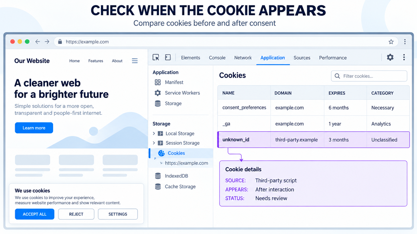 Inspecting website cookies before and after consent in browser developer tools