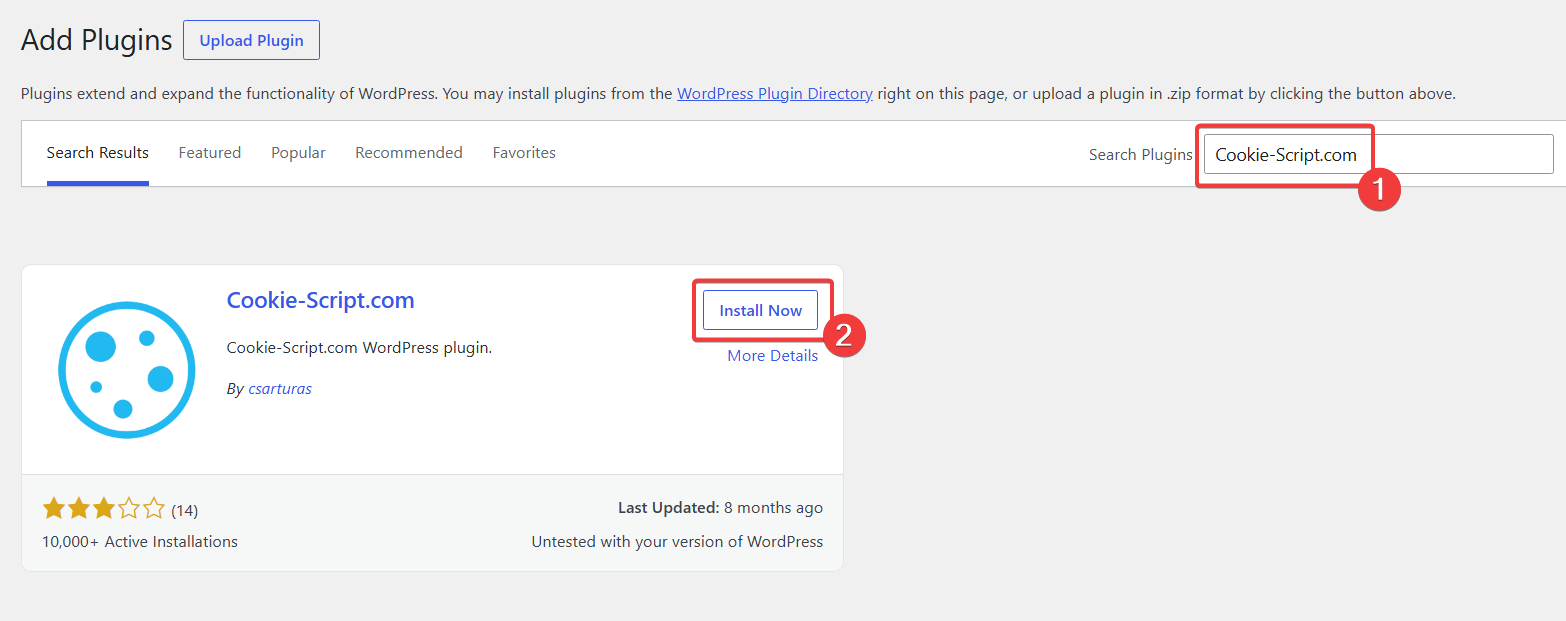 Cookie-Script.com WordPress plugin with the Install Now button highlighted