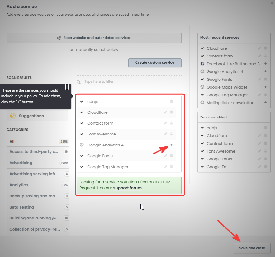 Plus button beside Google Analytics 4 in the iubenda service list