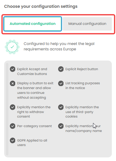 Automated configuration selected in iubenda GDPR consent settings