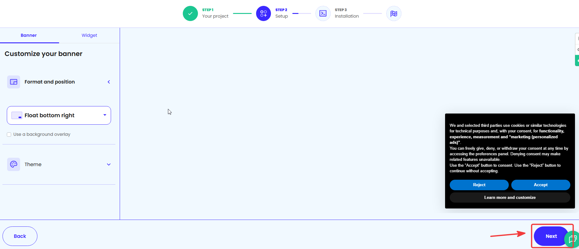 iubenda banner customization screen showing a layout preview