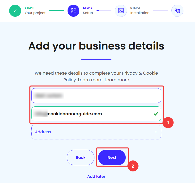 iubenda form for entering the policy owner’s details