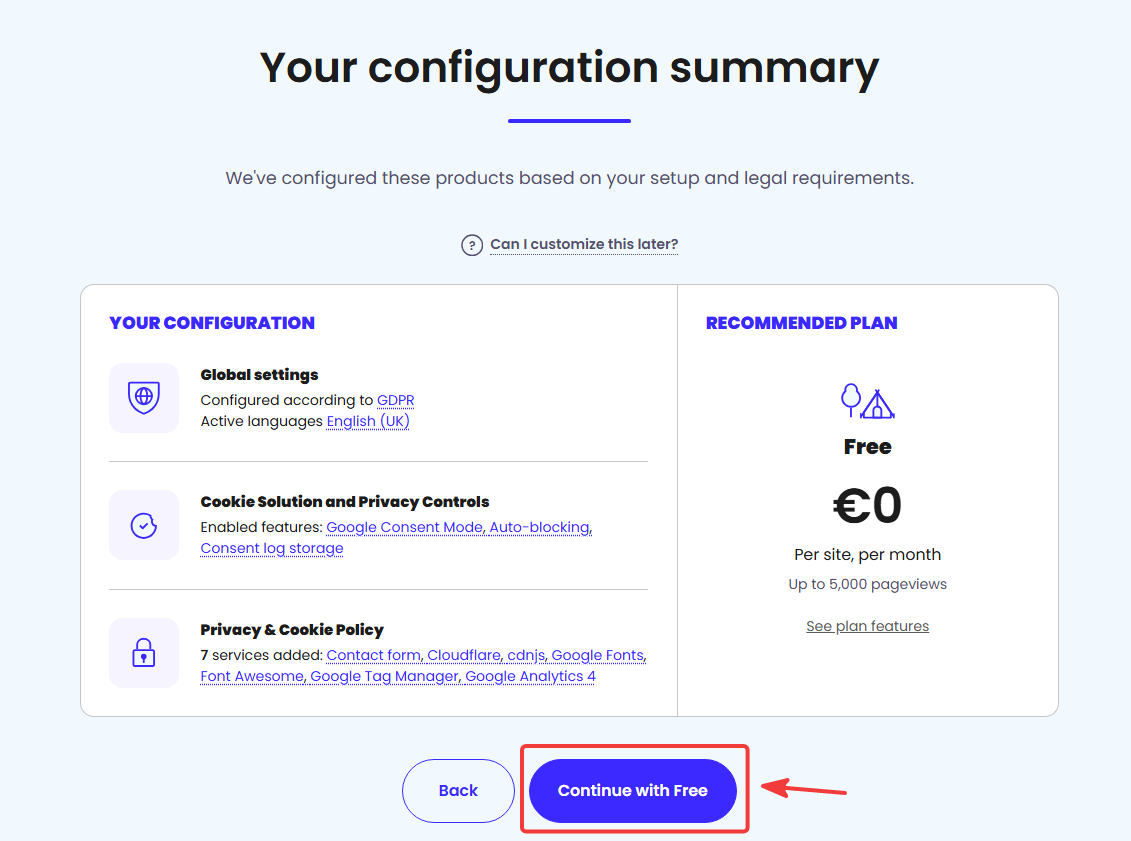 iubenda setup summary showing GDPR settings and the recommended Free plan