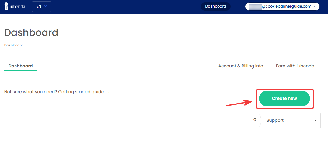 iubenda dashboard with the Create new button highlighted