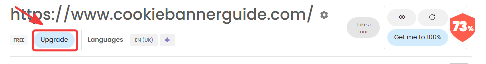 iubenda dashboard with the Upgrade button highlighted
