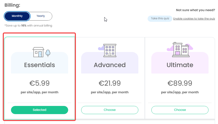 iubenda plan selection showing Essentials selected