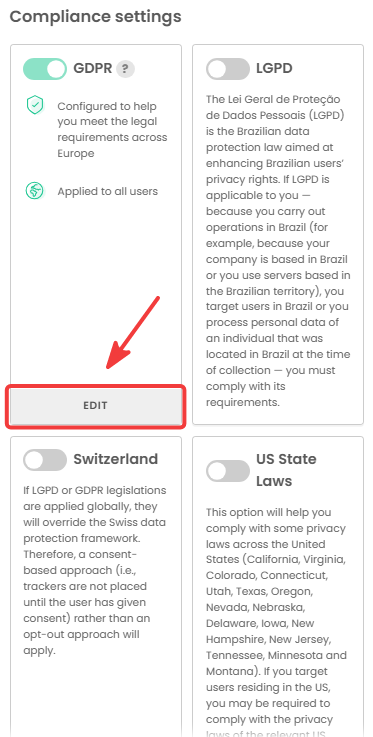 GDPR card with the Edit button highlighted in iubenda compliance settings