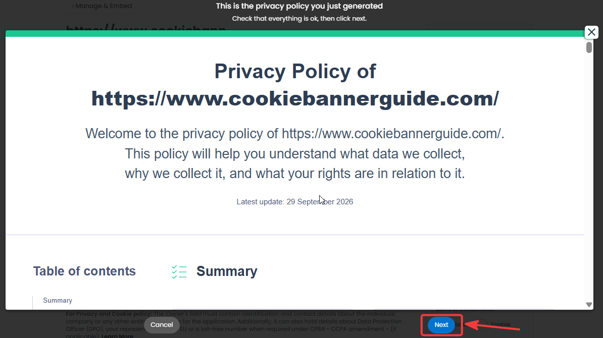 Generated iubenda Privacy Policy preview for a website