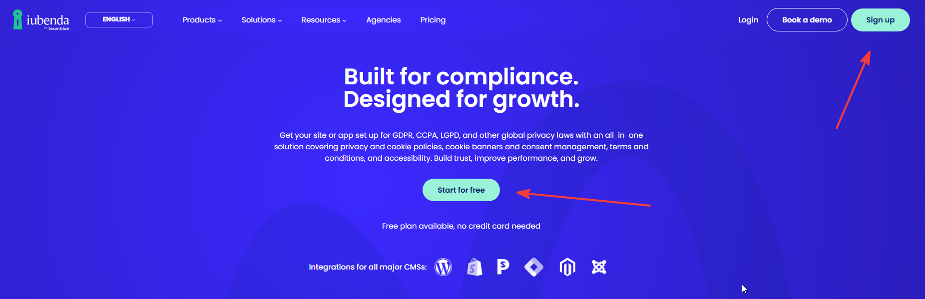 iubenda homepage with the Start for free button highlighted