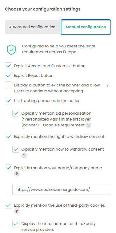 Manual configuration showing individual GDPR consent options in iubenda