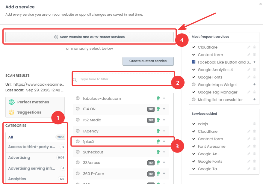 Add a service window with search, categories and website scan options