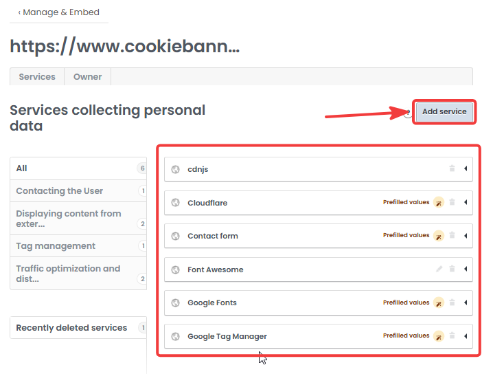 Existing services and Add service button in the iubenda policy editor