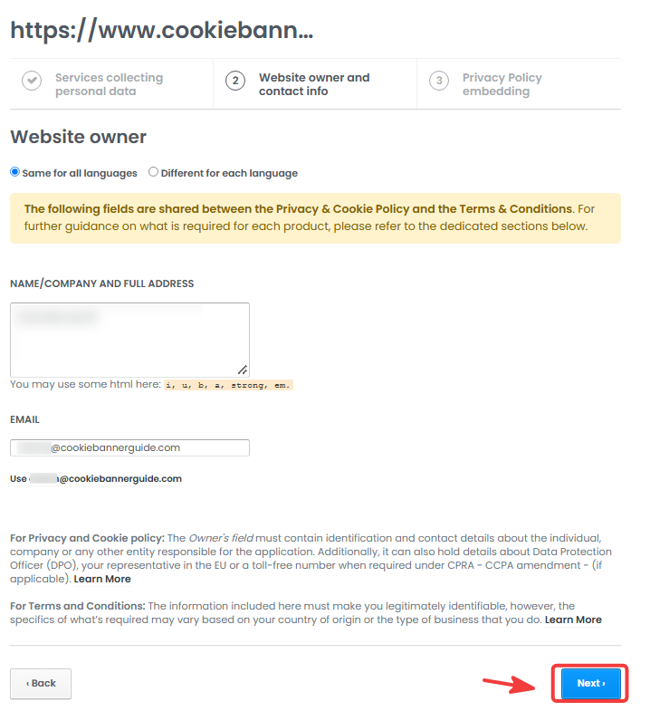 Website owner name, address and email fields in the iubenda policy editor