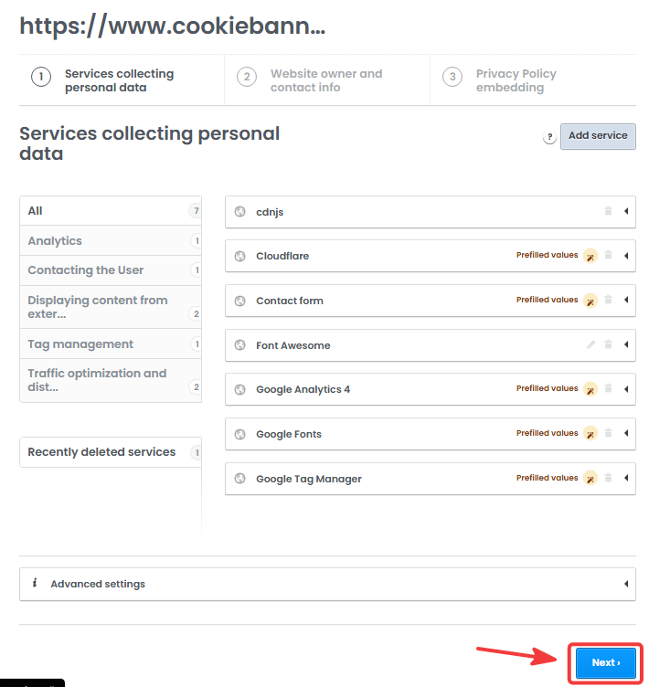 Google Analytics 4 in the policy service list with Next button highlighted