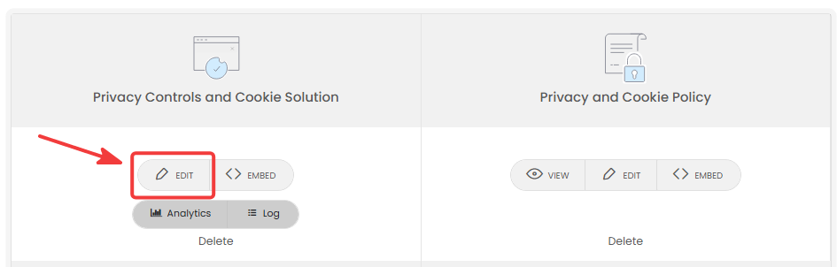 Edit button under Privacy Controls and Cookie Solution in the iubenda dashboard