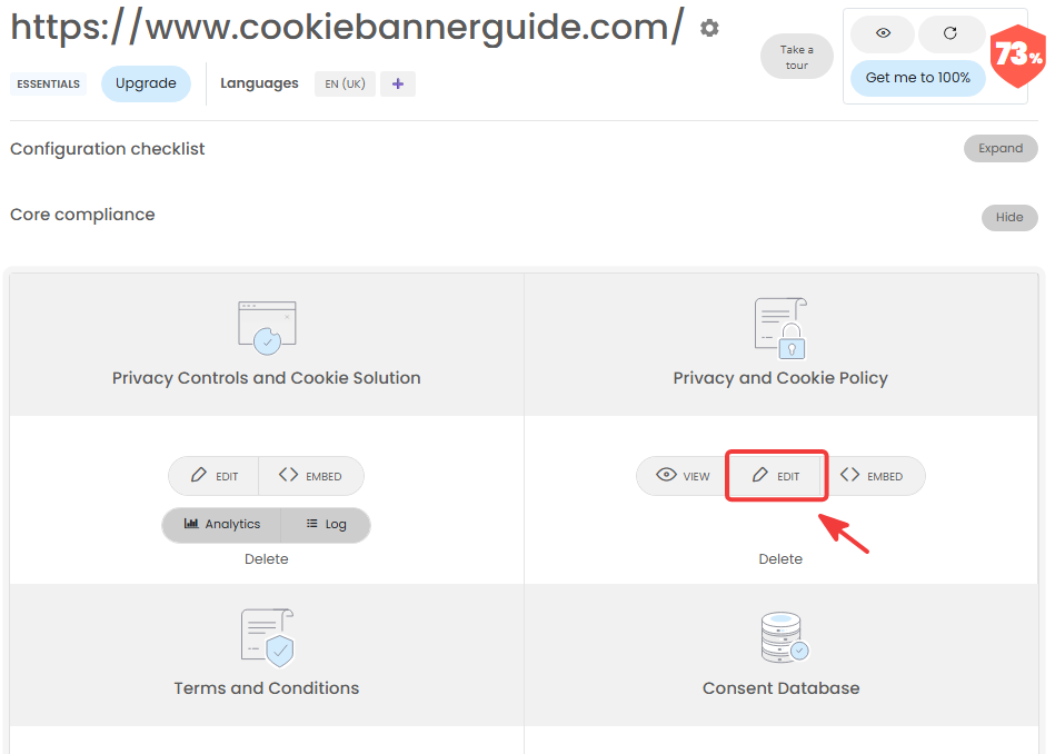 iubenda dashboard showing the Edit button under Privacy and Cookie Policy