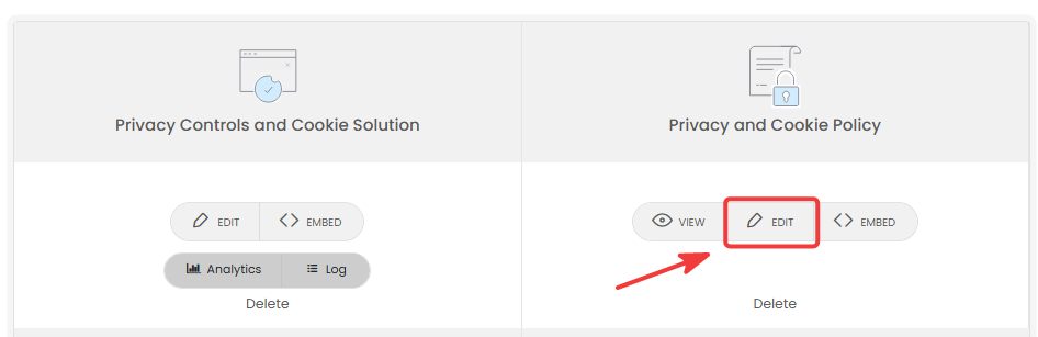 Edit button under Privacy and Cookie Policy in the iubenda dashboard