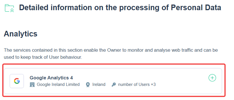 Google Analytics 4 listed under Analytics in the generated iubenda privacy policy
