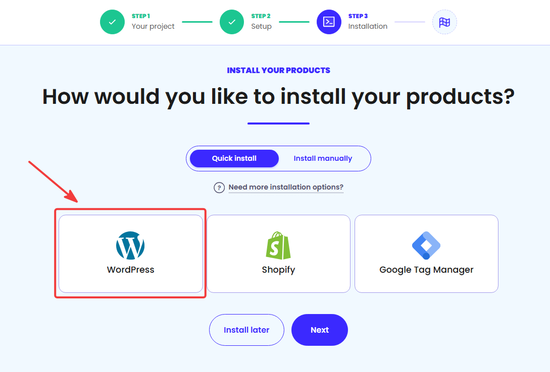 iubenda installation screen with Quick install and WordPress selected