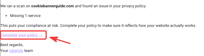 iubenda scan notification reporting one missing service in the privacy policy